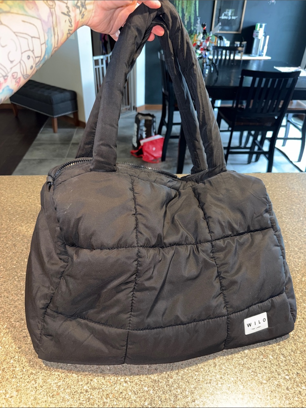 WILO Black Quilted Puffer Tote Bag for Women